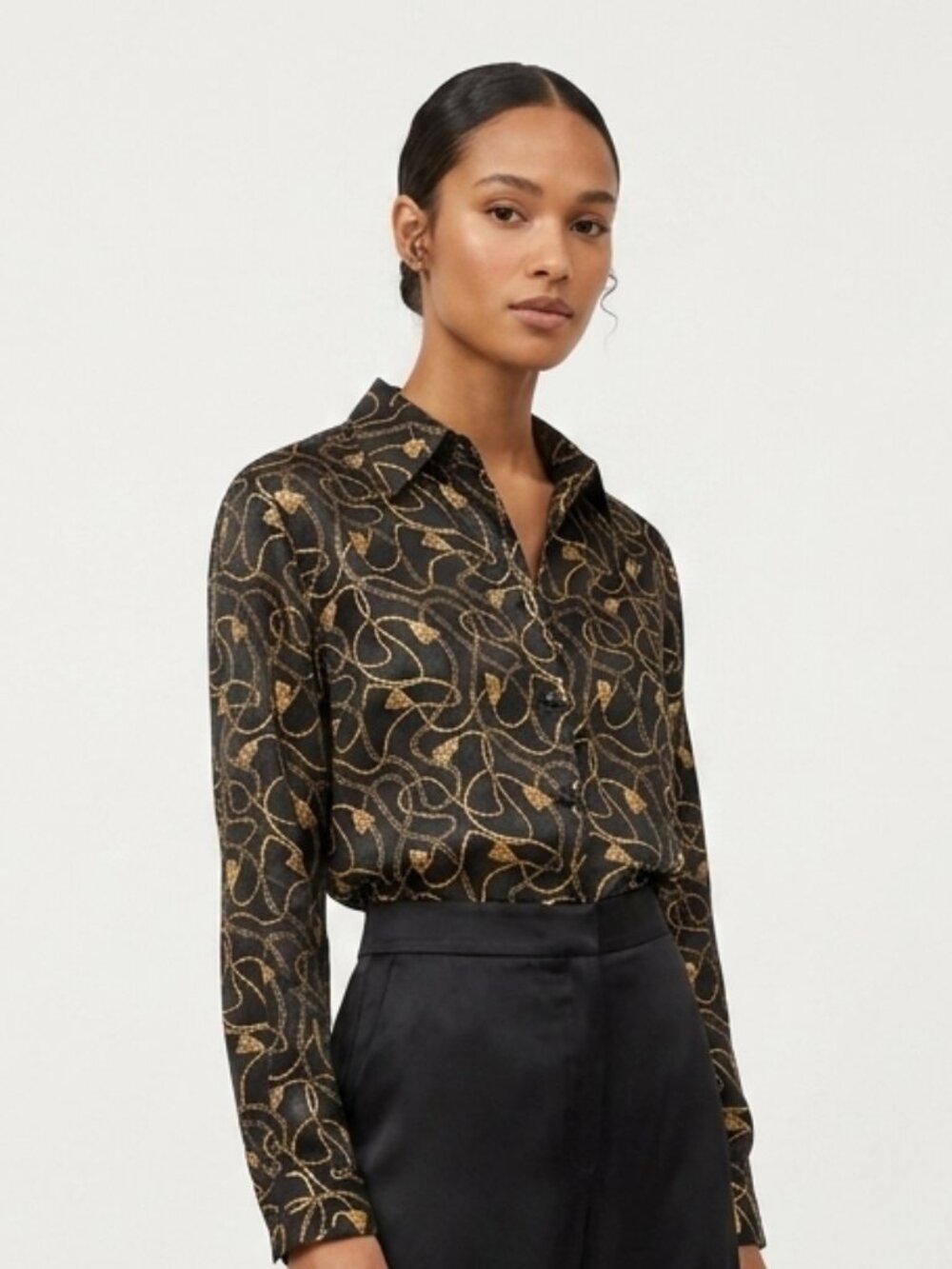Vintage Erena Blouse Black Gold Tassel Rope Print Equestrian Satin M